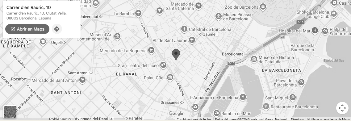 Mapa de Casa Pince y el Barrio Gótico de Barcelona, con marcador en Carrer d'en Rauric, 10.